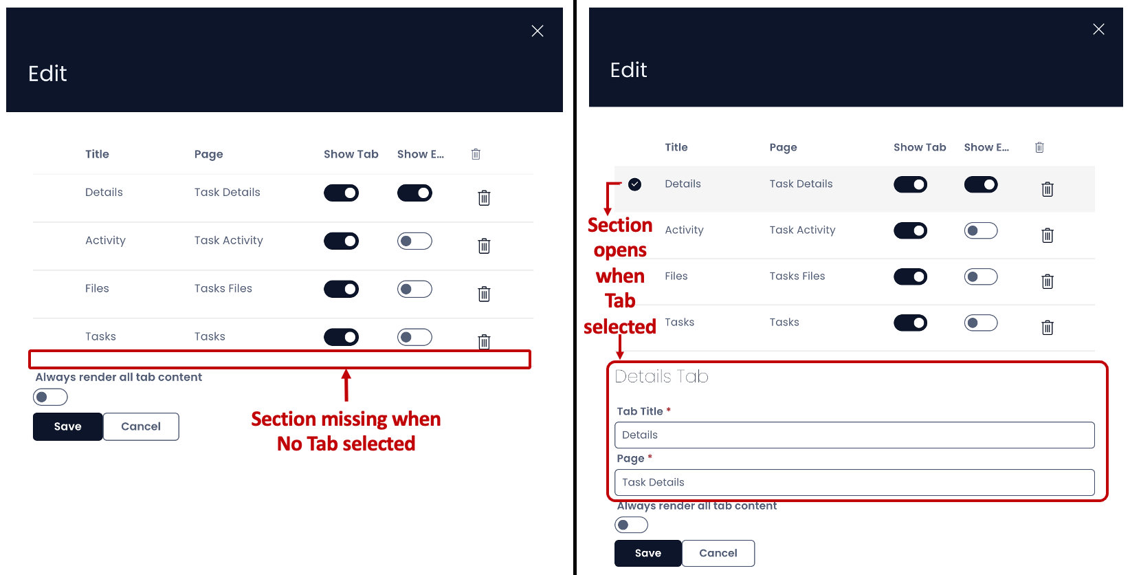 Filling in the details of the chosen tab